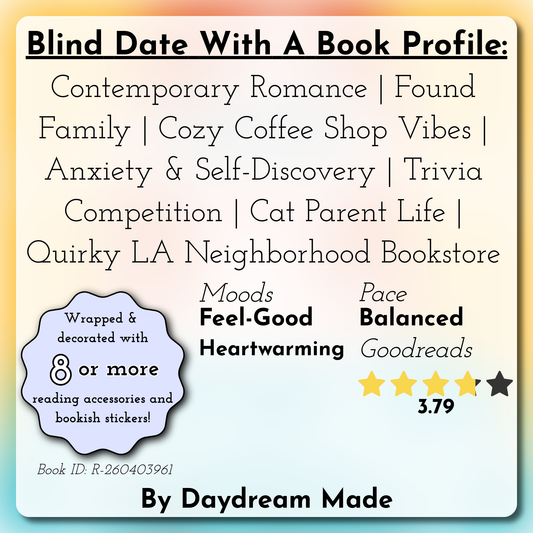 Blind Date With A Book that includes the following themes: Contemporary Romance, Found Family, Cozy Coffee Shop Vibes, Anxiety & Self-Discovery, Trivia Competition, Cat Parent Life, Quirky LA Neighborhood Bookstore