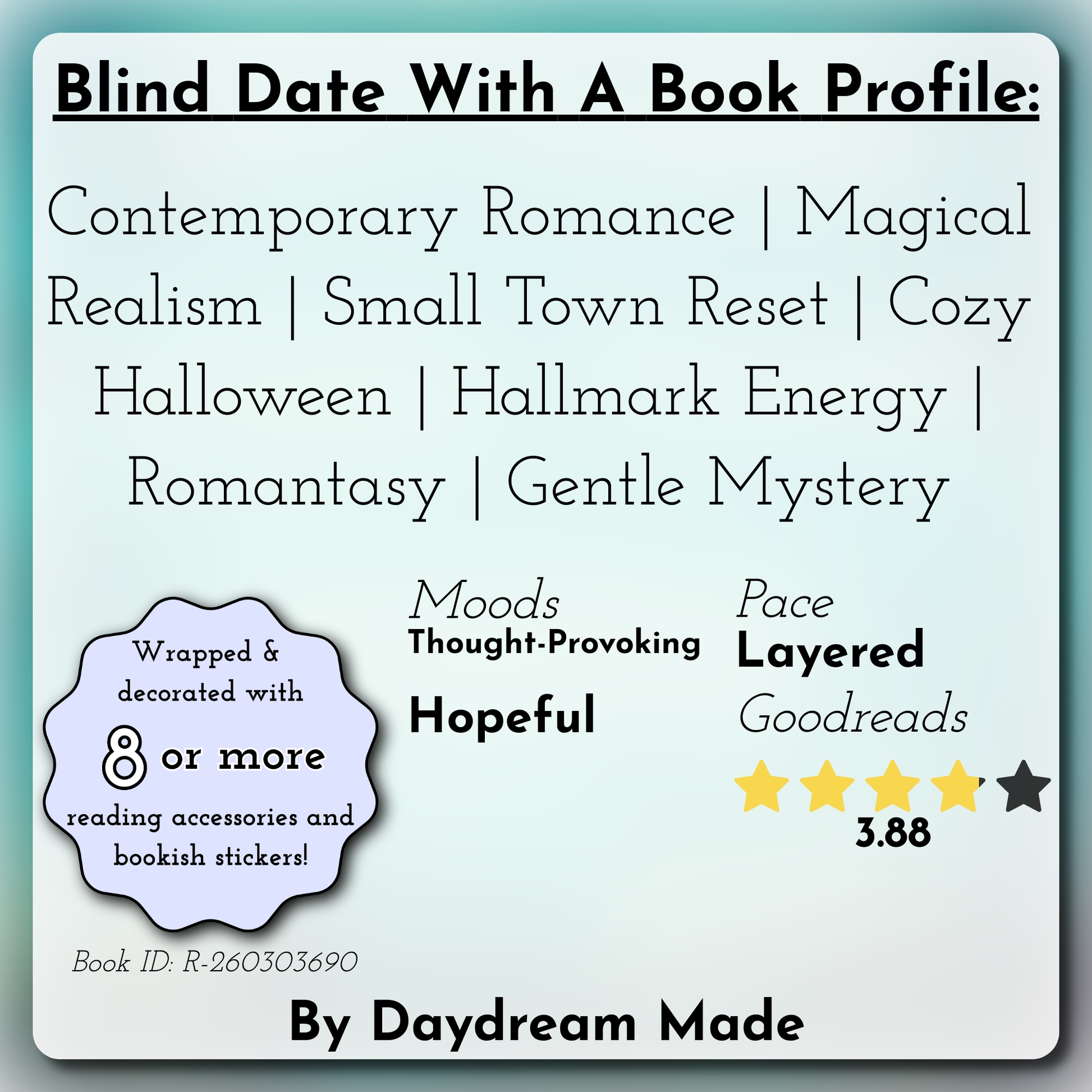 Blind Date With A Book that includes the following themes: Contemporary Romance, Magical Realism, Small Town Reset, Cozy Halloween, Hallmark Energy, Romantasy, Gentle Mystery