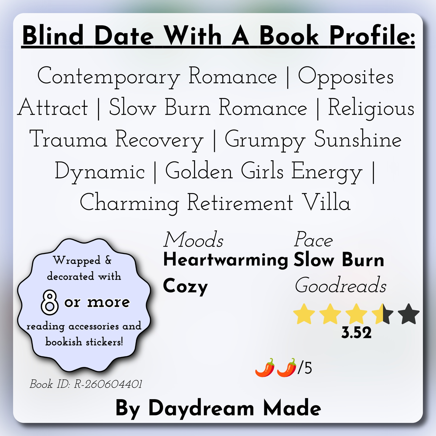 Blind Date With A Book that includes the following themes: Contemporary Romance, Opposites Attract, Slow Burn Romance, Religious Trauma Recovery, Grumpy Sunshine Dynamic, Golden Girls Energy, Charming Retirement Villa