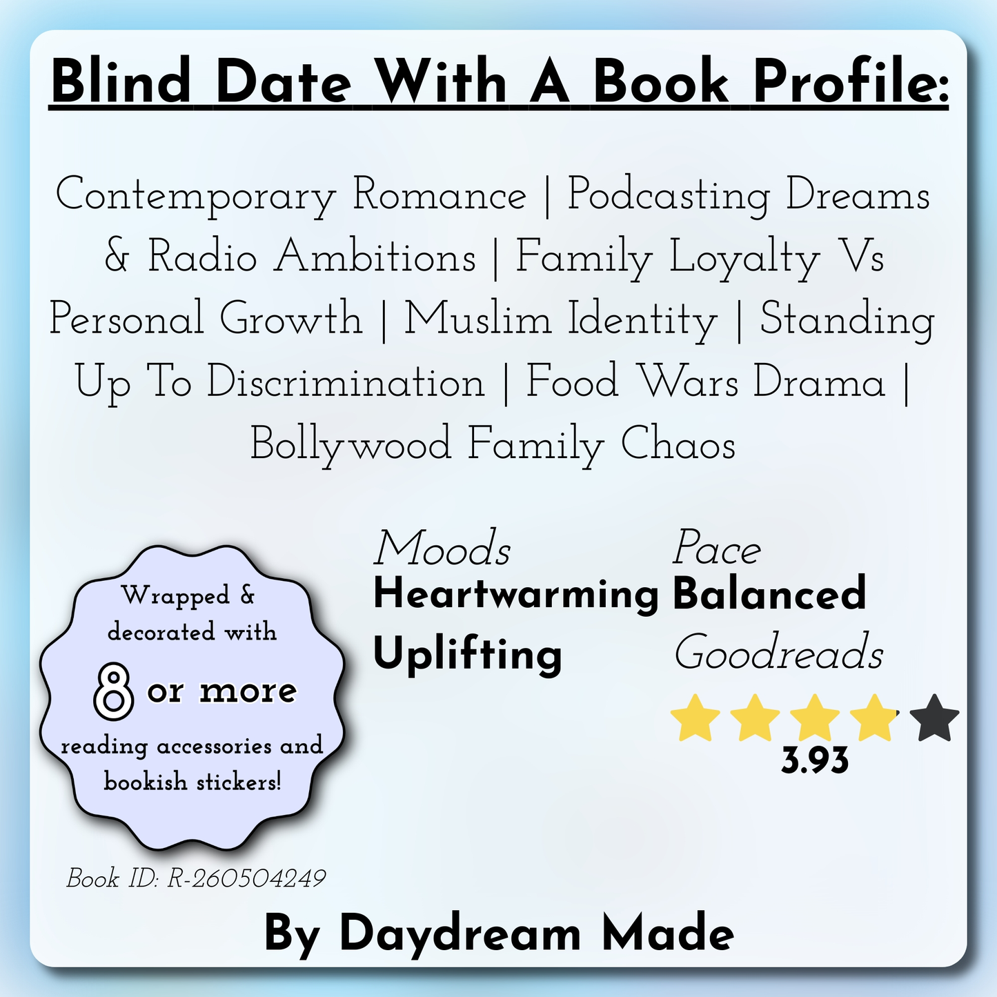 Blind Date With A Book that includes the following themes: Contemporary Romance, Podcasting Dreams & Radio Ambitions, Family Loyalty Vs Personal Growth, Muslim Identity, Standing Up To Discrimination, Food Wars Drama, Bollywood Family Chaos