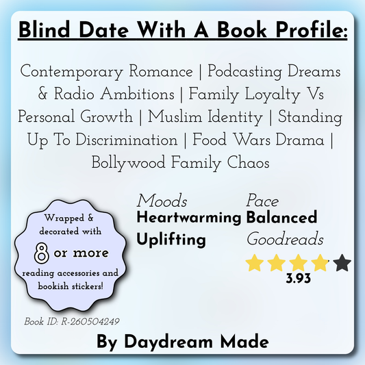 Blind Date With A Book that includes the following themes: Contemporary Romance, Podcasting Dreams & Radio Ambitions, Family Loyalty Vs Personal Growth, Muslim Identity, Standing Up To Discrimination, Food Wars Drama, Bollywood Family Chaos
