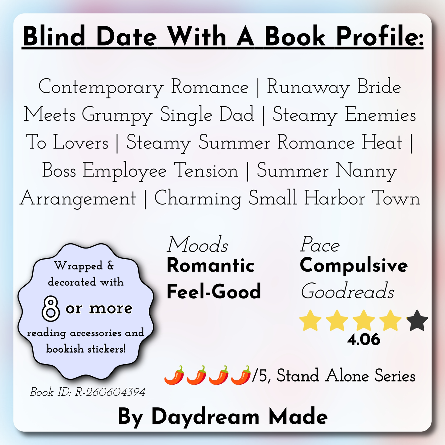 Blind Date With A Book that includes the following themes: Contemporary Romance, Runaway Bride Meets Grumpy Single Dad, Steamy Enemies To Lovers, Steamy Summer Romance Heat, Boss Employee Tension, Summer Nanny Arrangement, Charming Small Harbor Town