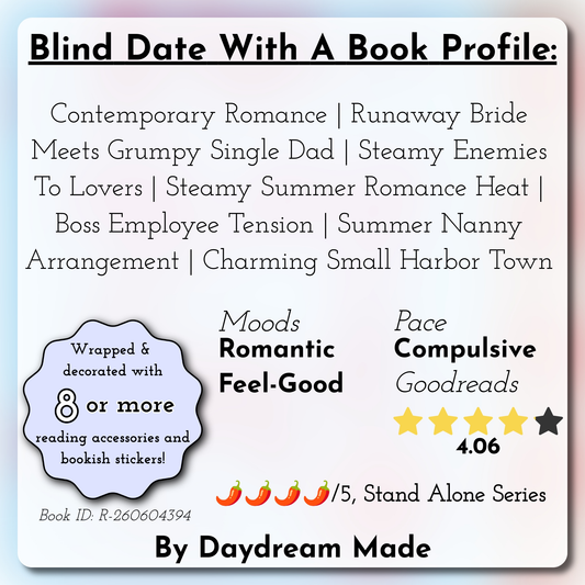 Blind Date With A Book that includes the following themes: Contemporary Romance, Runaway Bride Meets Grumpy Single Dad, Steamy Enemies To Lovers, Steamy Summer Romance Heat, Boss Employee Tension, Summer Nanny Arrangement, Charming Small Harbor Town