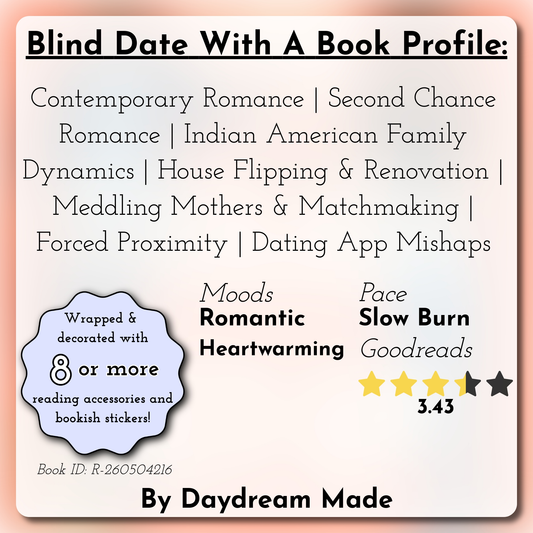 Blind Date With A Book that includes the following themes: Contemporary Romance, Second Chance Romance, Indian American Family Dynamics, House Flipping & Renovation, Meddling Mothers & Matchmaking, Forced Proximity, Dating App Mishaps