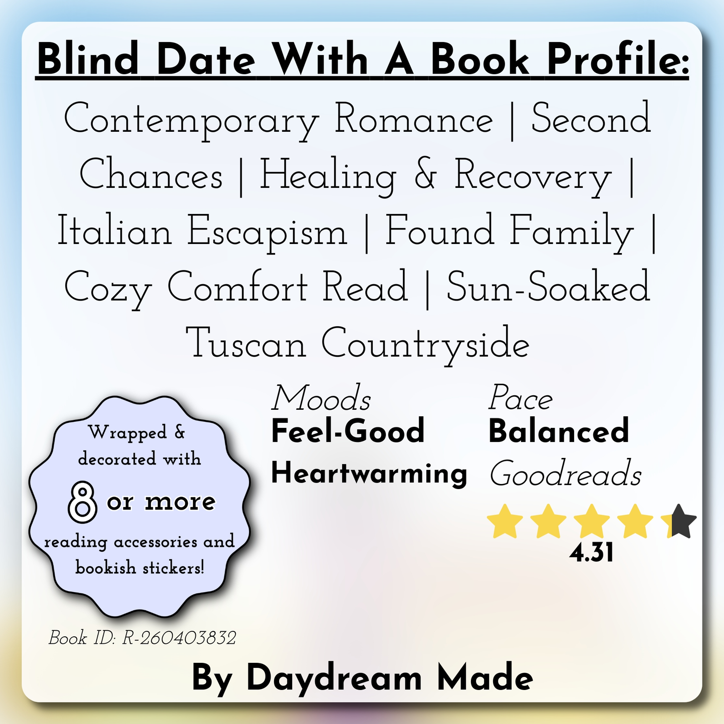 Blind Date With A Book that includes the following themes: Contemporary Romance, Second Chances, Healing & Recovery, Italian Escapism, Found Family, Cozy Comfort Read, Sun-Soaked Tuscan Countryside