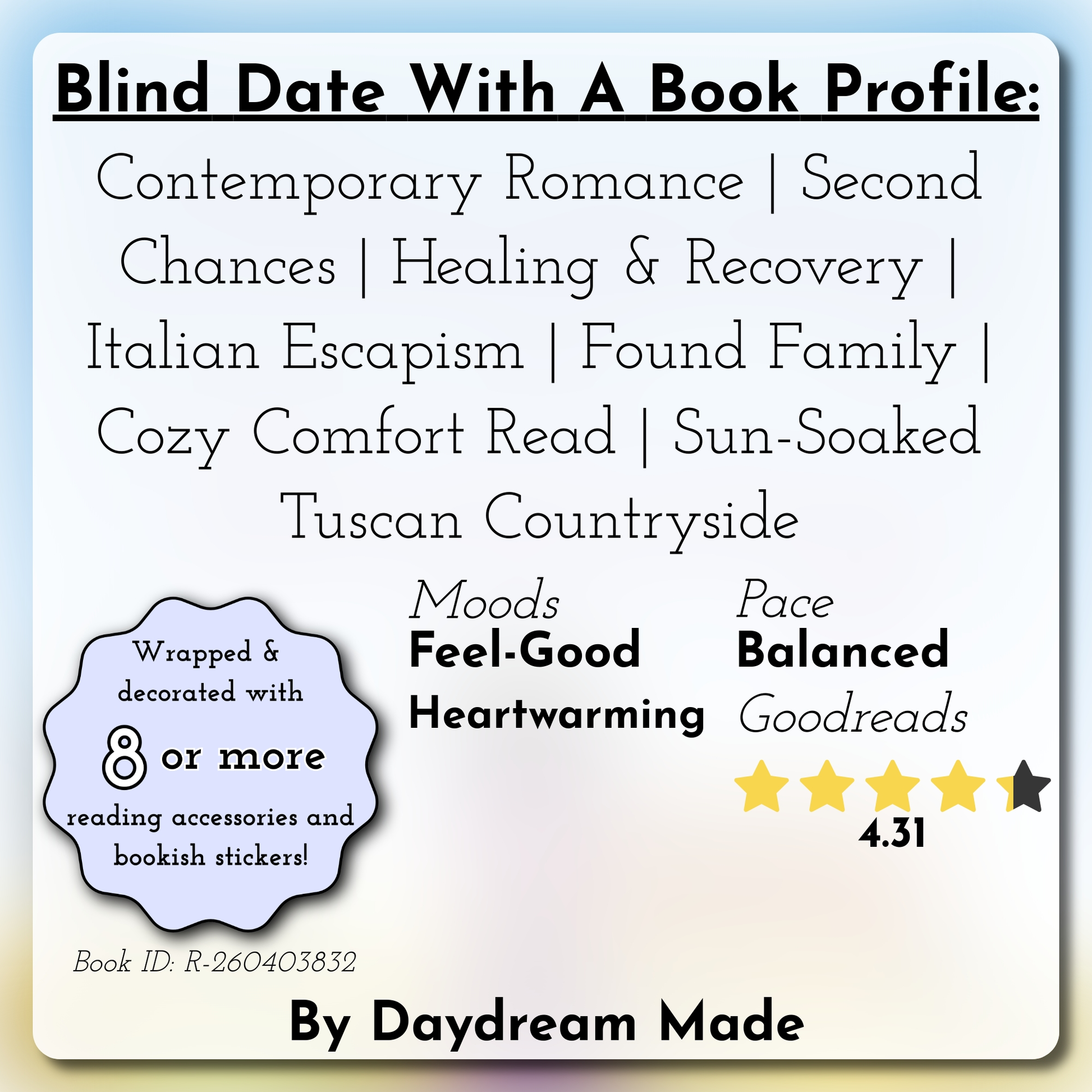 Blind Date With A Book that includes the following themes: Contemporary Romance, Second Chances, Healing & Recovery, Italian Escapism, Found Family, Cozy Comfort Read, Sun-Soaked Tuscan Countryside