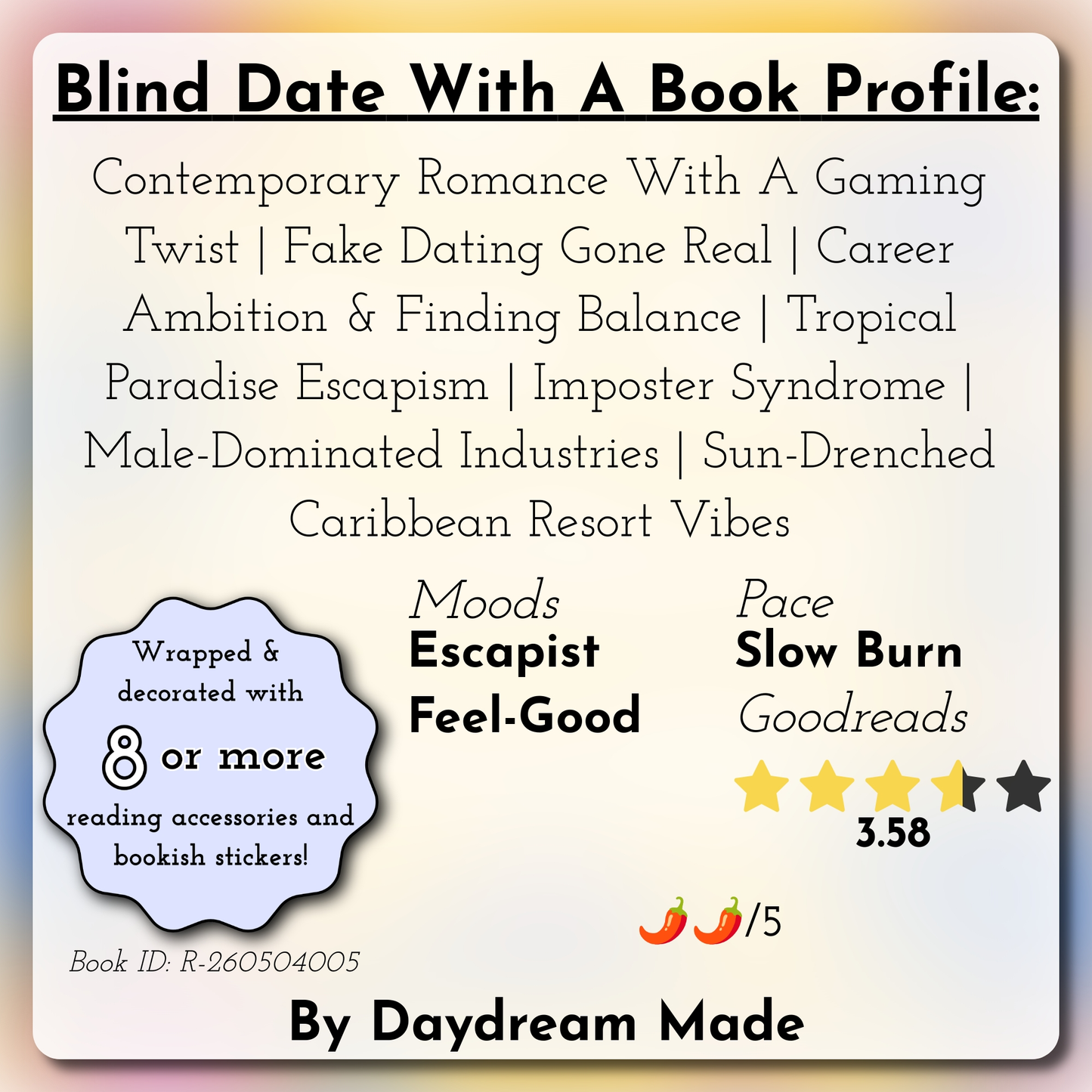 Blind Date With A Book that includes the following themes: Contemporary Romance With A Gaming Twist, Fake Dating Gone Real, Career Ambition & Finding Balance, Tropical Paradise Escapism, Imposter Syndrome, Male-Dominated Industries, Sun-Drenched Caribbean Resort Vibes