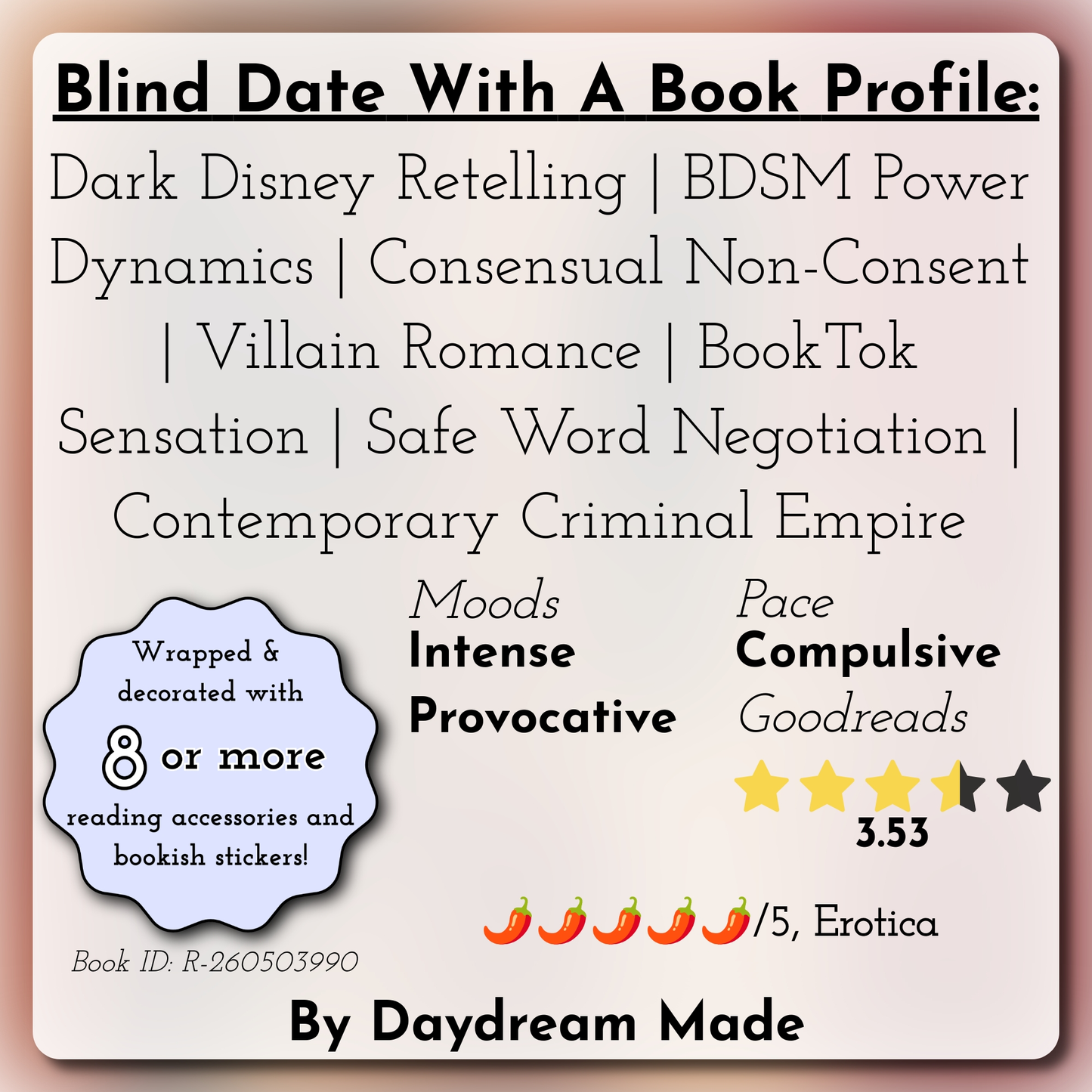 Blind Date With A Book that includes the following themes: Dark Disney Retelling, BDSM Power Dynamics, Consensual Non-Consent, Villain Romance, BookTok Sensation, Safe Word Negotiation, Contemporary Criminal Empire