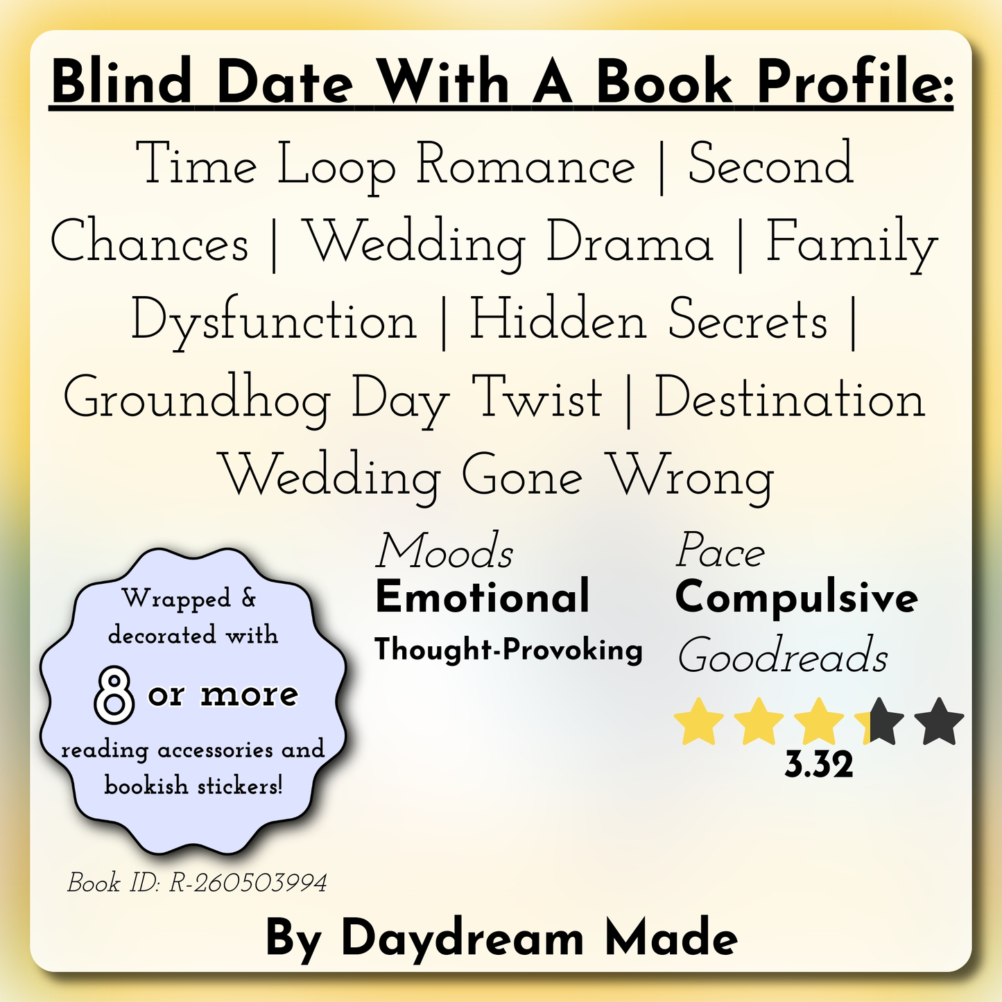 Blind Date With A Book that includes the following themes: Time Loop Romance, Second Chances, Wedding Drama, Family Dysfunction, Hidden Secrets, Groundhog Day Twist, Destination Wedding Gone Wrong