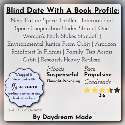 Blind Date With A Book that includes the following themes: Near-Future Space Thriller, International Space Cooperation Under Strain, One Woman's High-Stakes Standoff, Environmental Justice From Orbit, Amazon Rainforest In Flames, Family Ties Across Orbit, Research-Heavy Realism