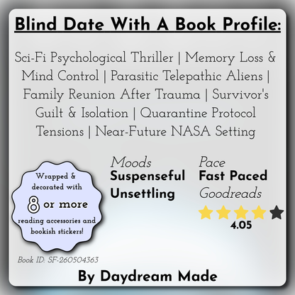 Blind Date With A Book that includes the following themes: Sci-Fi Psychological Thriller, Memory Loss & Mind Control, Parasitic Telepathic Aliens, Family Reunion After Trauma, Survivor's Guilt & Isolation, Quarantine Protocol Tensions, Near-Future NASA Setting