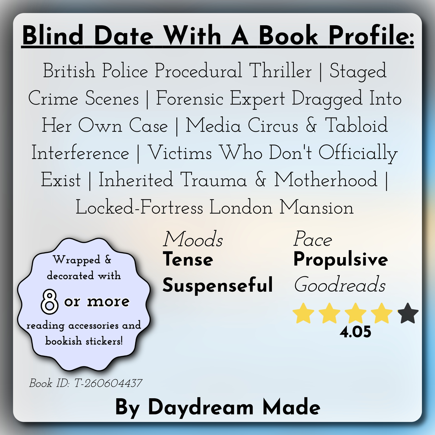 Blind Date With A Book that includes the following themes: British Police Procedural Thriller, Staged Crime Scenes, Forensic Expert Dragged Into Her Own Case, Media Circus & Tabloid Interference, Victims Who Don't Officially Exist, Inherited Trauma & Motherhood, Locked-Fortress London Mansion