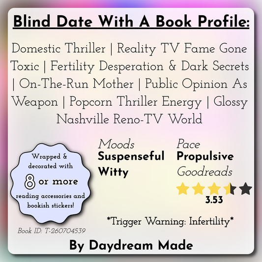 Blind Date With A Book that includes the following themes: Domestic Thriller, Reality TV Fame Gone Toxic, Fertility Desperation & Dark Secrets, On-The-Run Mother, Public Opinion As Weapon, Popcorn Thriller Energy, Glossy Nashville Reno-TV World