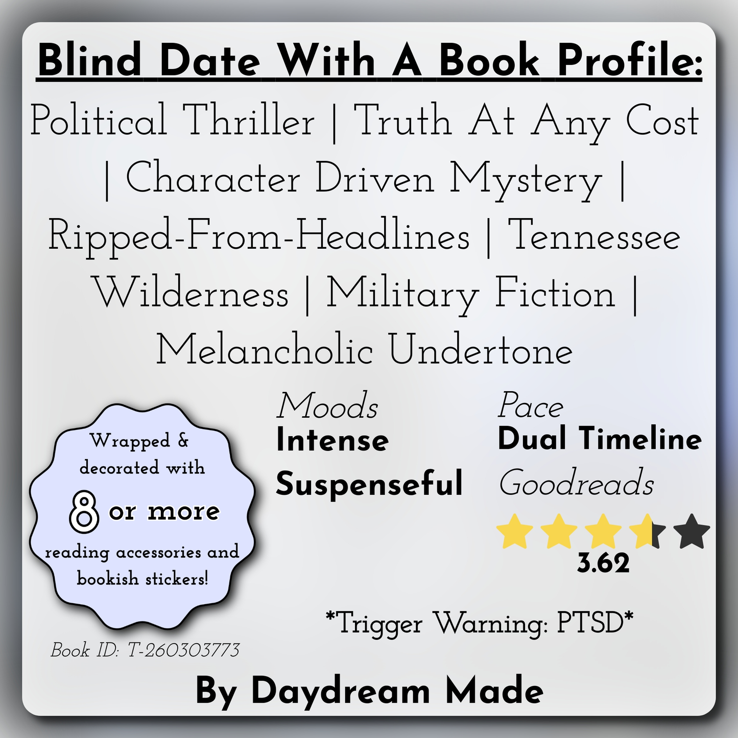 Blind Date With A Book that includes the following themes: Political Thriller, Truth At Any Cost, Character Driven Mystery, Ripped-From-Headlines, Tennessee Wilderness, Military Fiction, Melancholic Undertone