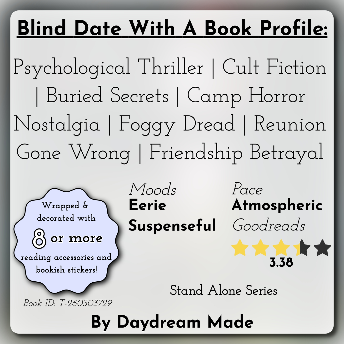 Blind Date With A Book that includes the following themes: Psychological Thriller, Cult Fiction, Buried Secrets, Camp Horror Nostalgia, Foggy Dread, Reunion Gone Wrong, Friendship Betrayal