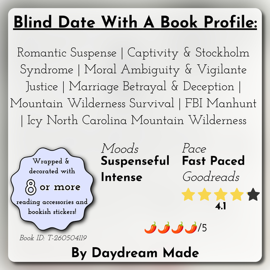 Blind Date With A Book that includes the following themes: Romantic Suspense, Captivity & Stockholm Syndrome, Moral Ambiguity & Vigilante Justice, Marriage Betrayal & Deception, Mountain Wilderness Survival, FBI Manhunt, Icy North Carolina Mountain Wilderness