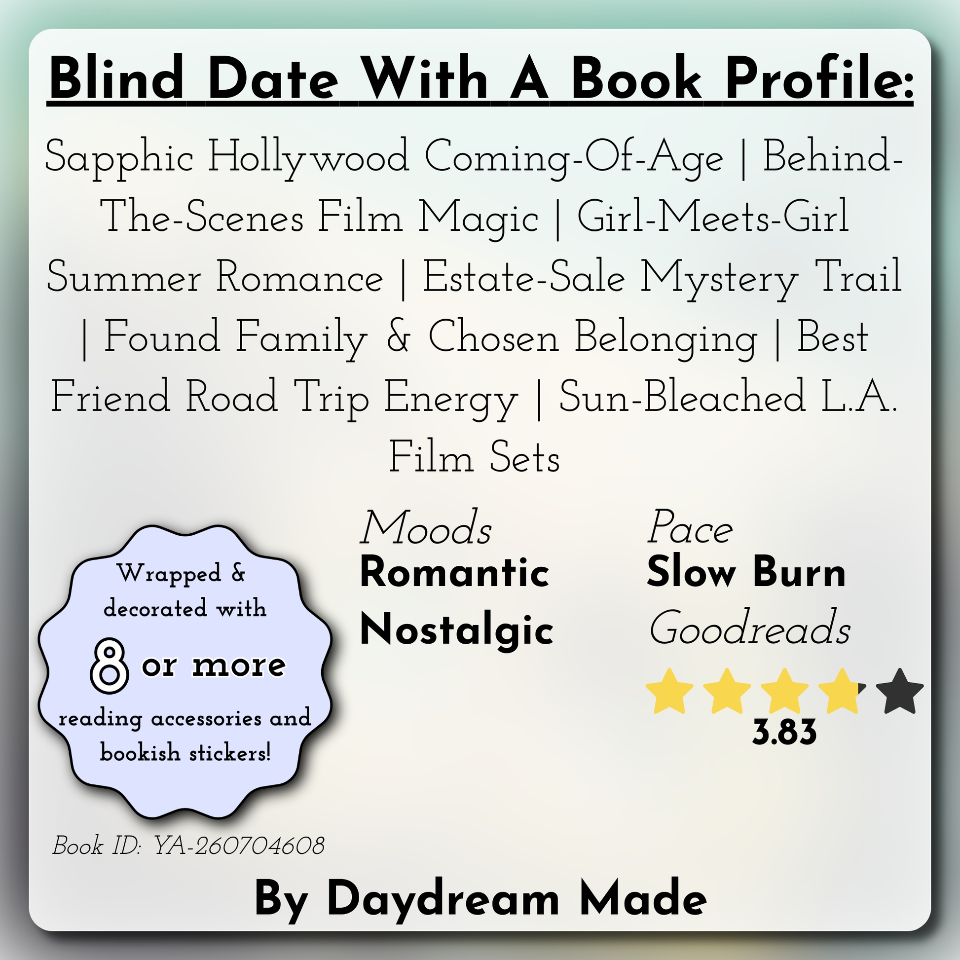 Blind Date With A Book that includes the following themes: Sapphic Hollywood Coming-Of-Age, Behind-The-Scenes Film Magic, Girl-Meets-Girl Summer Romance, Estate-Sale Mystery Trail, Found Family & Chosen Belonging, Best Friend Road Trip Energy, Sun-Bleached L.A. Film Sets