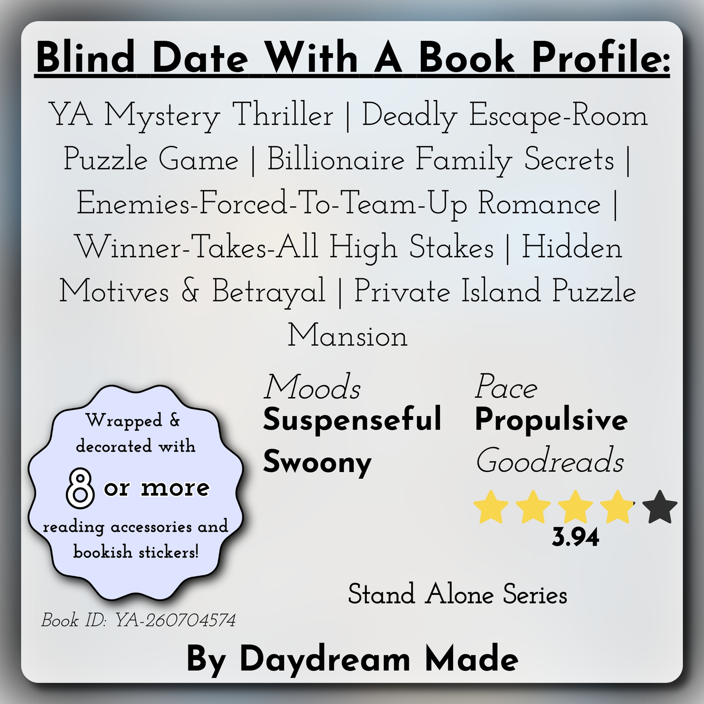 Blind Date With A Book that includes the following themes: YA Mystery Thriller, Deadly Escape-Room Puzzle Game, Billionaire Family Secrets, Enemies-Forced-To-Team-Up Romance, Winner-Takes-All High Stakes, Hidden Motives & Betrayal, Private Island Puzzle Mansion