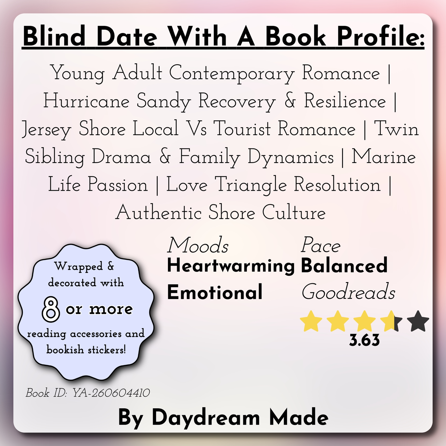 Blind Date With A Book that includes the following themes: Young Adult Contemporary Romance, Hurricane Sandy Recovery & Resilience, Jersey Shore Local Vs Tourist Romance, Twin Sibling Drama & Family Dynamics, Marine Life Passion, Love Triangle Resolution, Authentic Shore Culture
