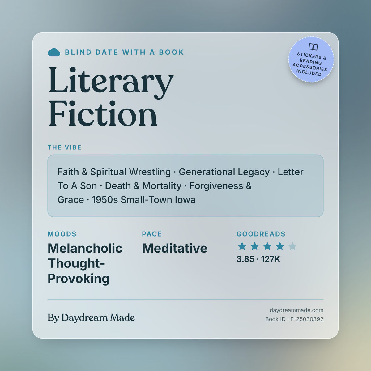Blind Date With A Book that includes the following themes: Literary Fiction, Faith & Spiritual Wrestling, Generational Legacy, Letter To A Son, Death & Mortality, Forgiveness & Grace, 1950s Small-Town Iowa