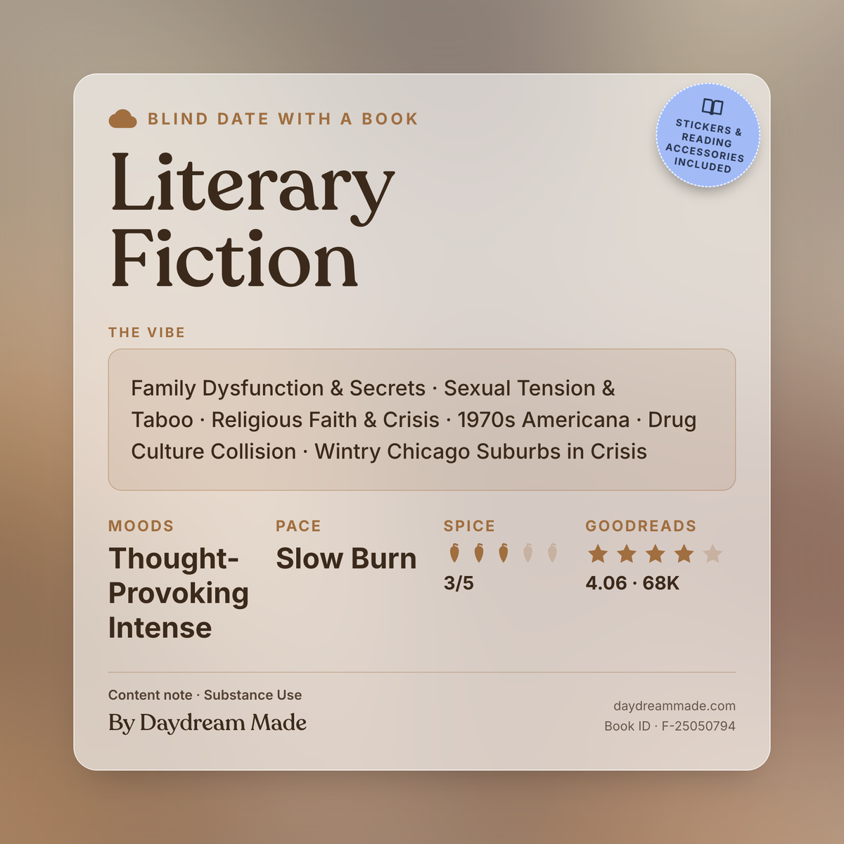Blind Date With A Book that includes the following themes: Literary Fiction, Family Dysfunction & Secrets, Sexual Tension & Taboo, Religious Faith & Crisis, 1970s Americana, Drug Culture Collision, Wintry Chicago Suburbs in Crisis
