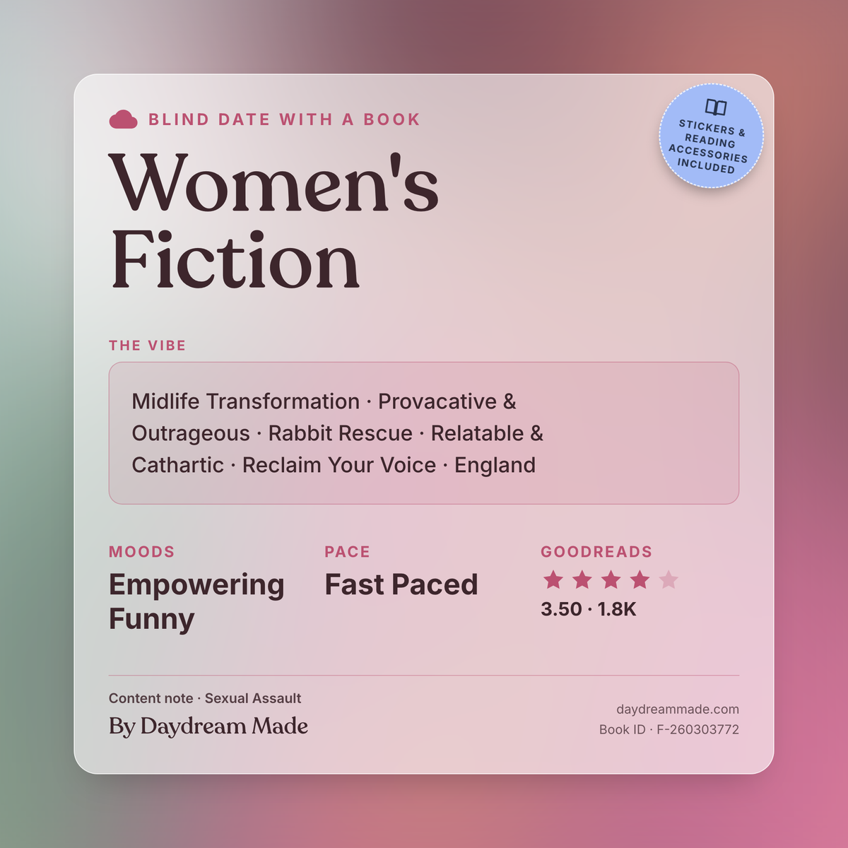Blind Date With A Book that includes the following themes: Women's Fiction, Midlife Transformation, Provacative & Outrageous, Rabbit Rescue, Relatable & Cathartic, Reclaim Your Voice, England