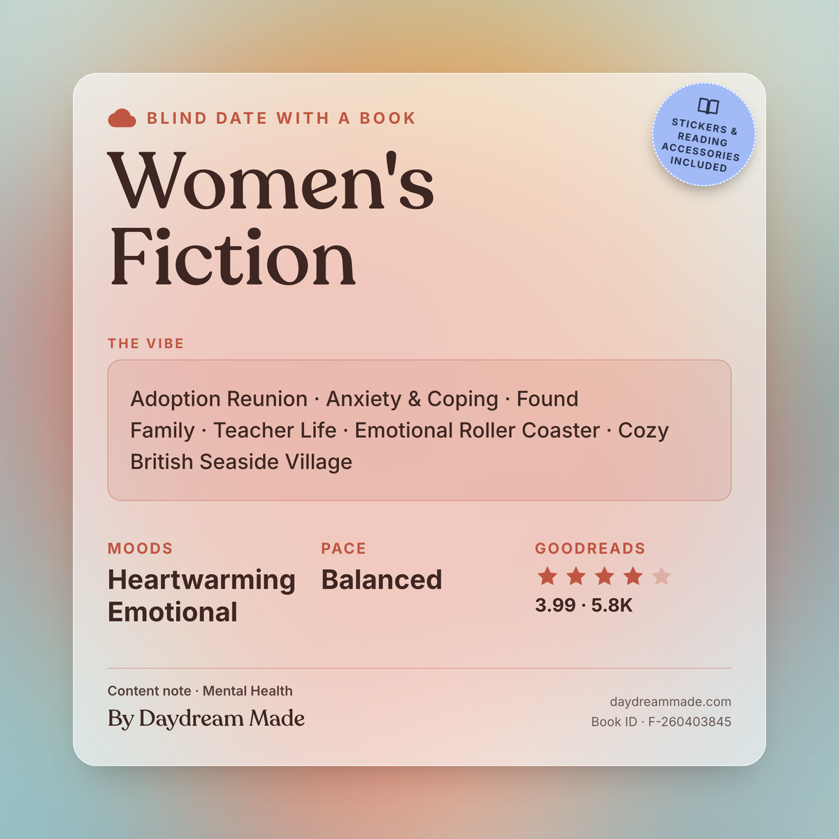Blind Date With A Book that includes the following themes: Women's Fiction, Adoption Reunion, Anxiety & Coping, Found Family, Teacher Life, Emotional Roller Coaster, Cozy British Seaside Village