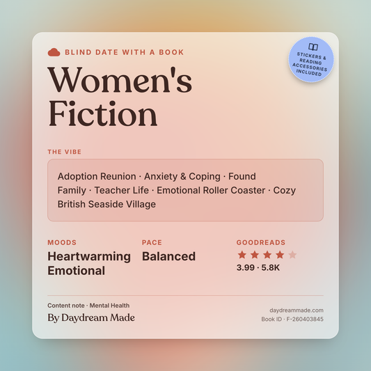 Blind Date With A Book that includes the following themes: Women's Fiction, Adoption Reunion, Anxiety & Coping, Found Family, Teacher Life, Emotional Roller Coaster, Cozy British Seaside Village
