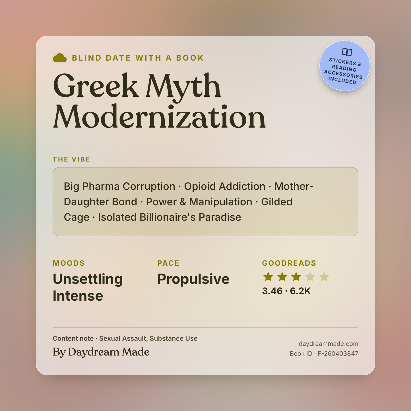 Blind Date With A Book that includes the following themes: Greek Myth Modernization, Big Pharma Corruption, Opioid Addiction, Mother-Daughter Bond, Power & Manipulation, Gilded Cage, Isolated Billionaire's Paradise