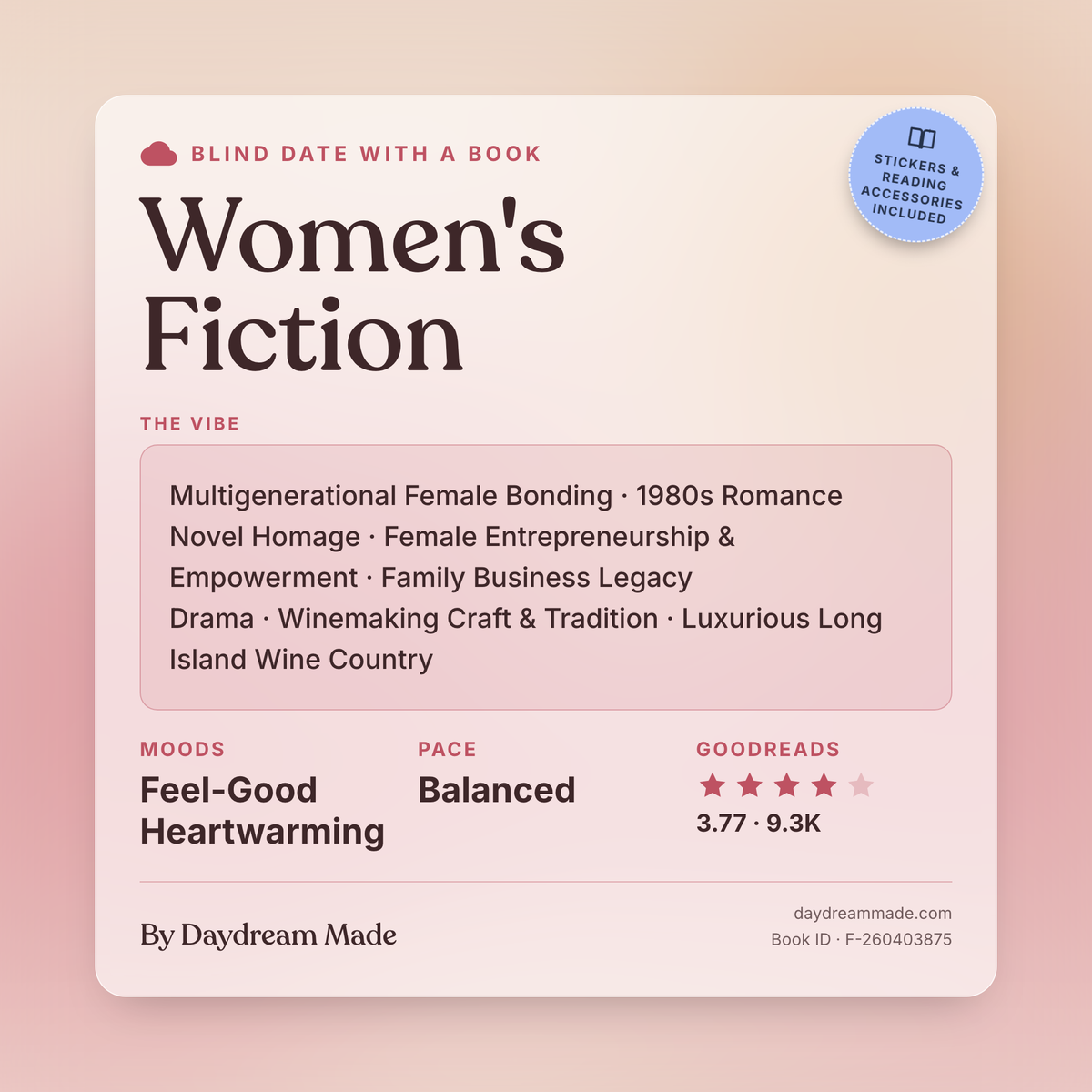 Blind Date With A Book that includes the following themes: Women's Fiction, Multigenerational Female Bonding, 1980s Romance Novel Homage, Female Entrepreneurship & Empowerment, Family Business Legacy Drama, Winemaking Craft & Tradition, Luxurious Long Island Wine Country