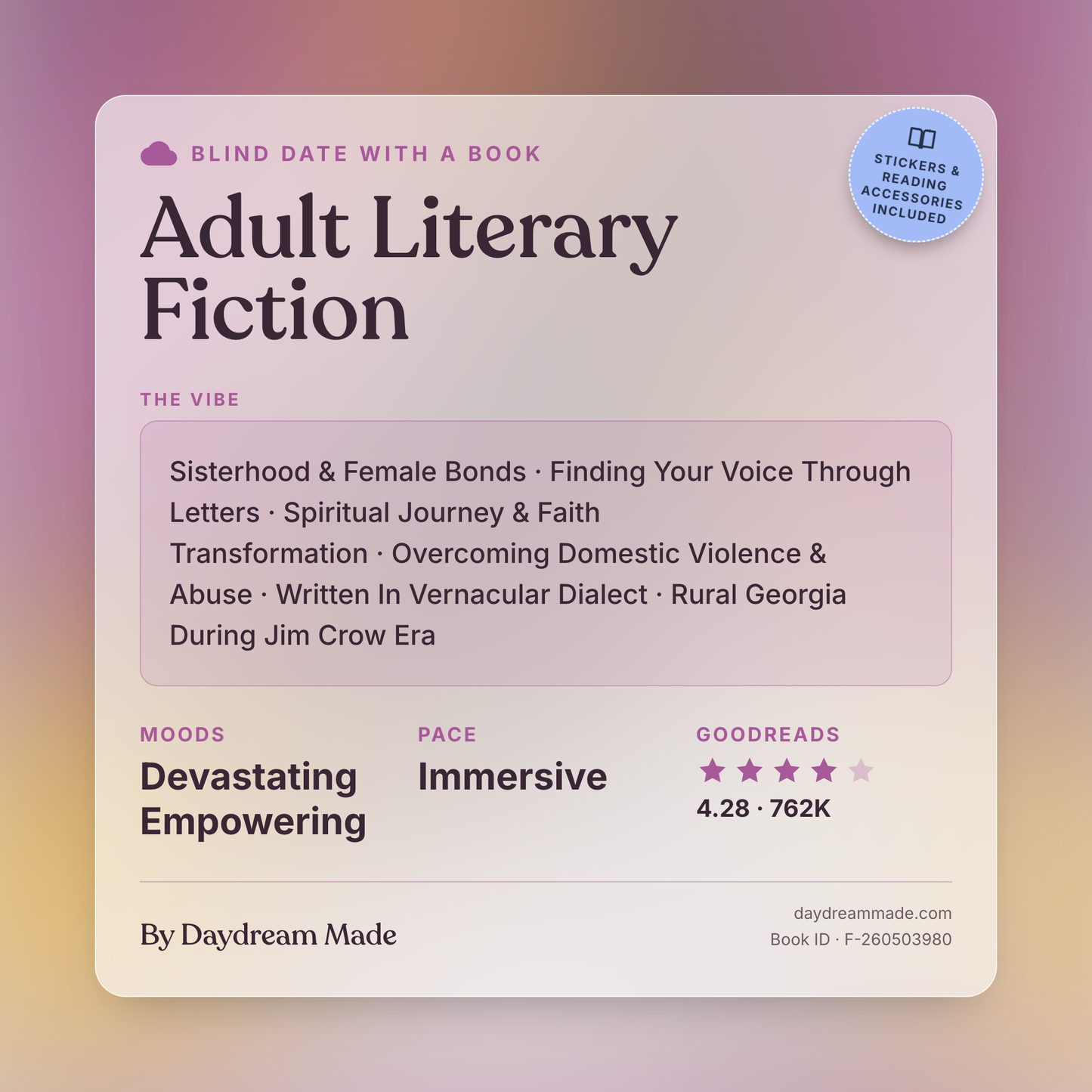 Blind Date With A Book that includes the following themes: Adult Literary Fiction, Sisterhood & Female Bonds, Finding Your Voice Through Letters, Spiritual Journey & Faith Transformation, Overcoming Domestic Violence & Abuse, Written In Vernacular Dialect, Rural Georgia During Jim Crow Era