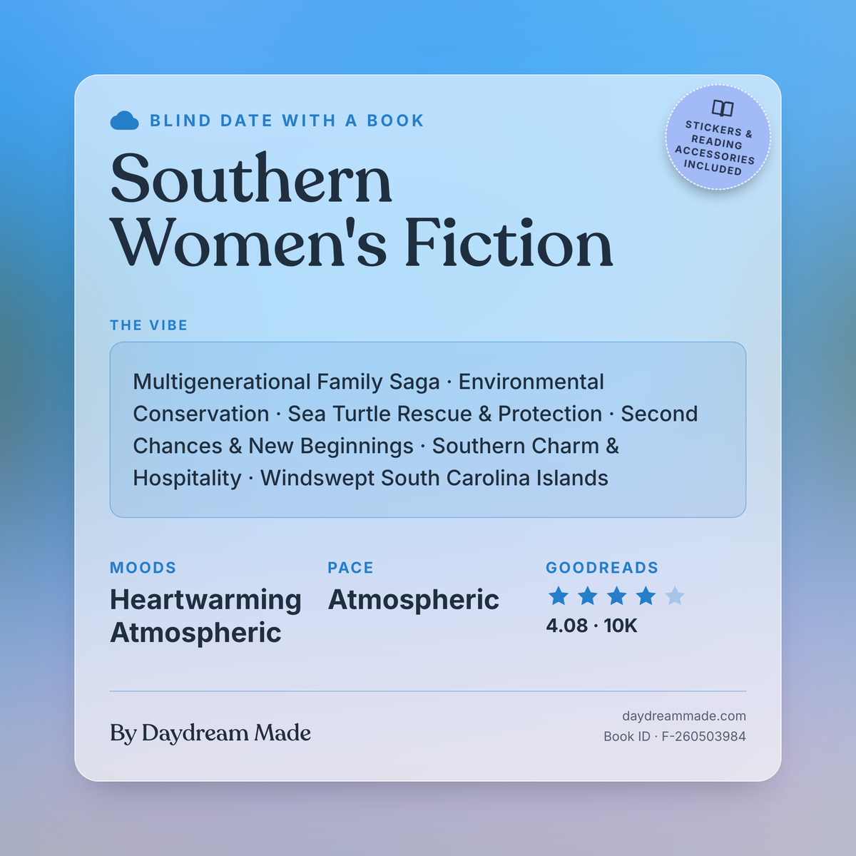 Blind Date With A Book that includes the following themes: Southern Women's Fiction, Multigenerational Family Saga, Environmental Conservation, Sea Turtle Rescue & Protection, Second Chances & New Beginnings, Southern Charm & Hospitality, Windswept South Carolina Islands