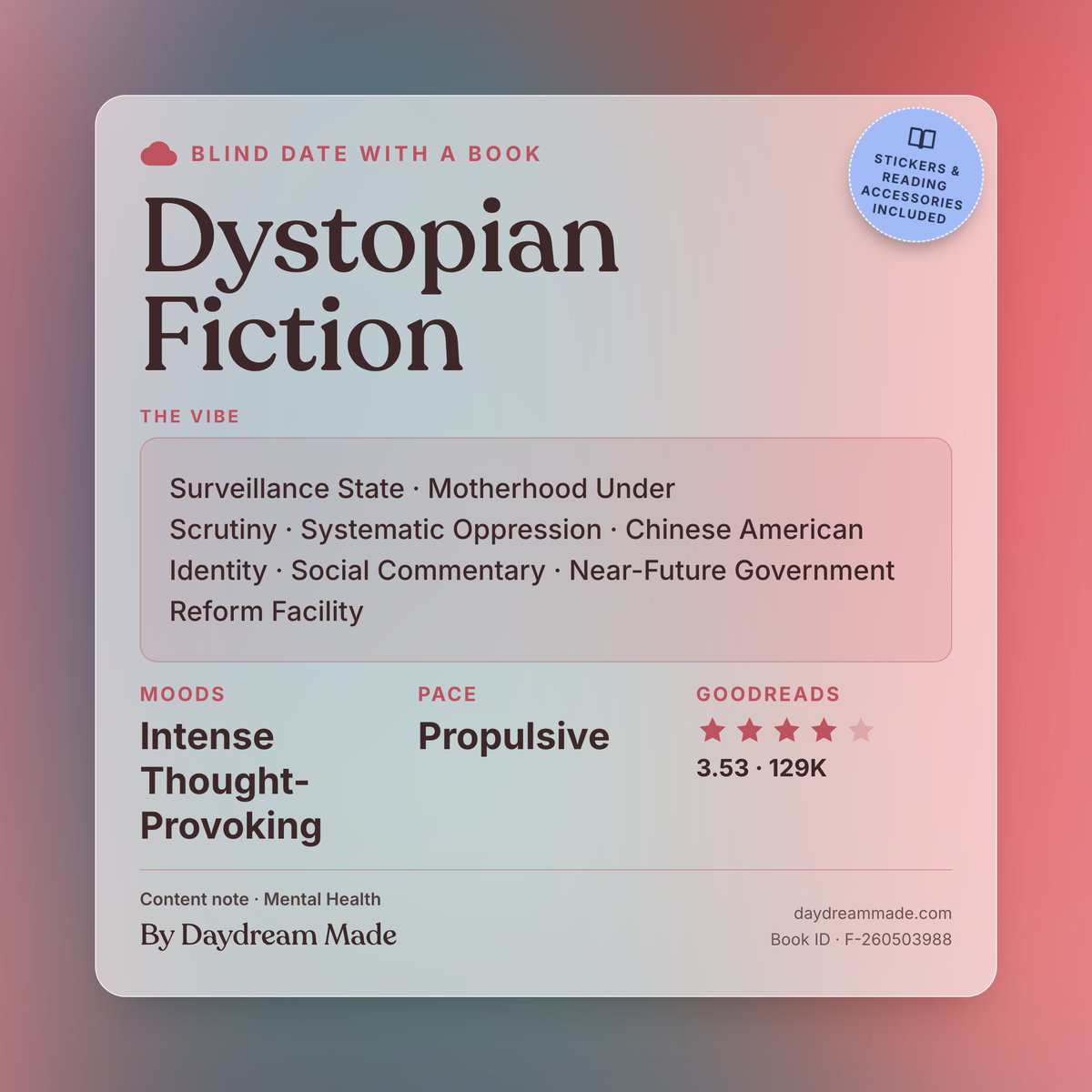 Blind Date With A Book that includes the following themes: Dystopian Fiction, Surveillance State, Motherhood Under Scrutiny, Systematic Oppression, Chinese American Identity, Social Commentary, Near-Future Government Reform Facility