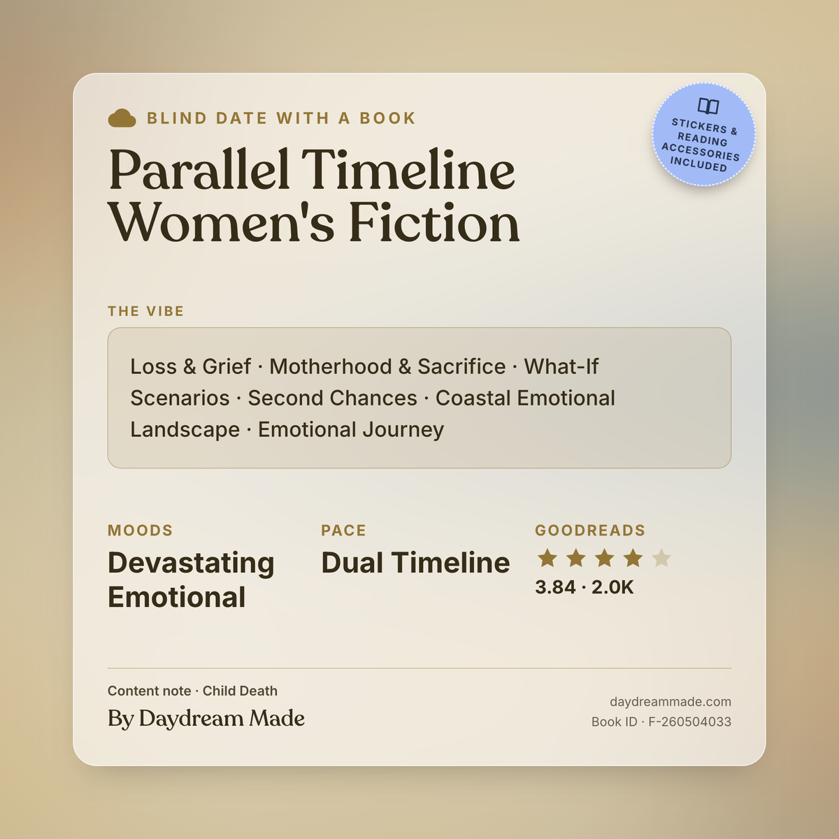 Blind Date With A Book that includes the following themes: Parallel Timeline Women's Fiction, Loss & Grief, Motherhood & Sacrifice, What-If Scenarios, Second Chances, Coastal Emotional Landscape, Emotional Journey