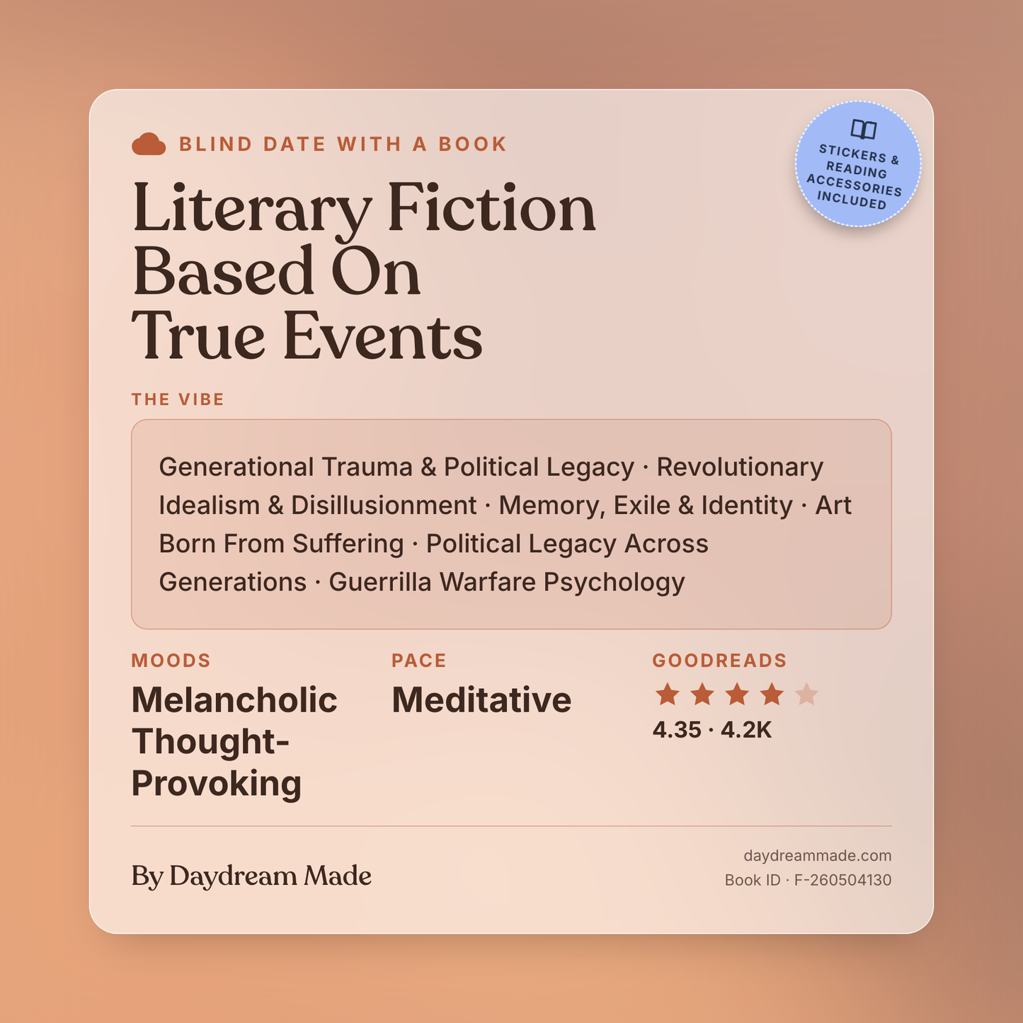 Blind Date With A Book that includes the following themes: Literary Fiction Based On True Events, Generational Trauma & Political Legacy, Revolutionary Idealism & Disillusionment, Memory, Exile & Identity, Art Born From Suffering, Political Legacy Across Generations, Guerrilla Warfare Psychology