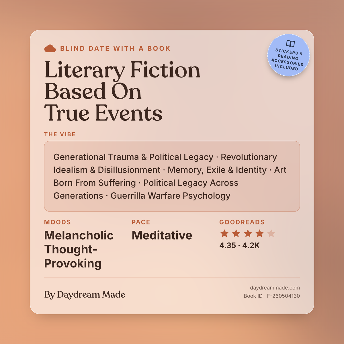 Blind Date With A Book that includes the following themes: Literary Fiction Based On True Events, Generational Trauma & Political Legacy, Revolutionary Idealism & Disillusionment, Memory, Exile & Identity, Art Born From Suffering, Political Legacy Across Generations, Guerrilla Warfare Psychology