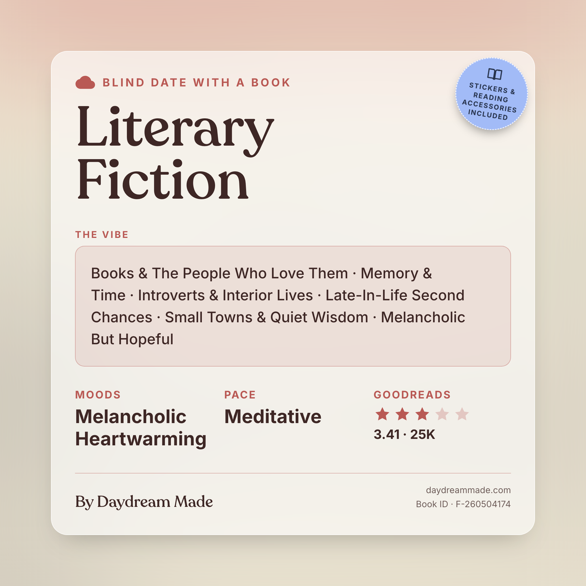 Blind Date With A Book that includes the following themes: Literary Fiction, Books & The People Who Love Them, Memory & Time, Introverts & Interior Lives, Late-In-Life Second Chances, Small Towns & Quiet Wisdom, Melancholic But Hopeful