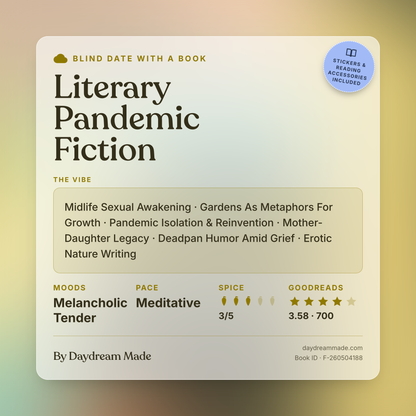 Blind Date With A Book that includes the following themes: Literary Pandemic Fiction, Midlife Sexual Awakening, Gardens As Metaphors For Growth, Pandemic Isolation & Reinvention, Mother-Daughter Legacy, Deadpan Humor Amid Grief, Erotic Nature Writing