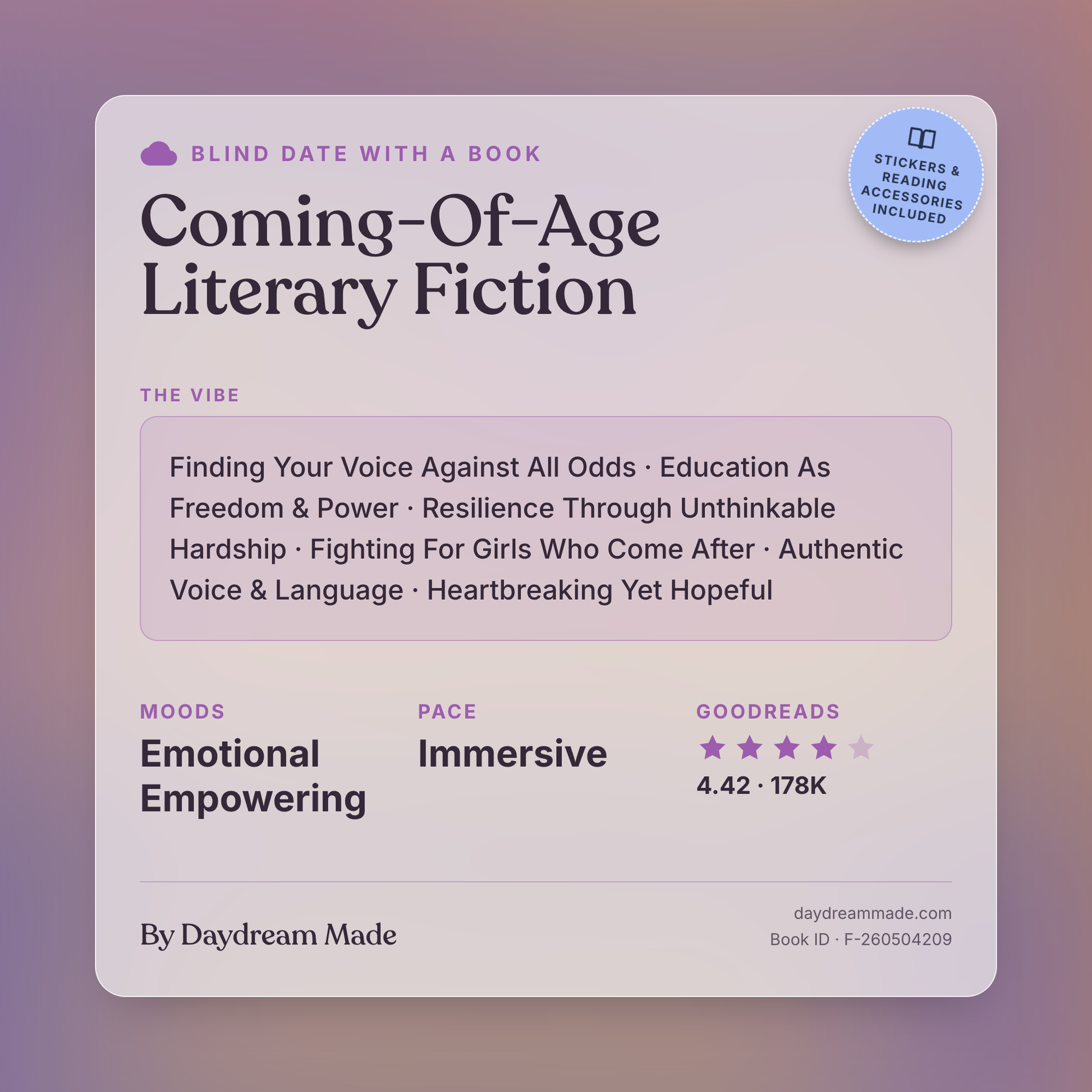 Blind Date With A Book that includes the following themes: Coming-Of-Age Literary Fiction, Finding Your Voice Against All Odds, Education As Freedom & Power, Resilience Through Unthinkable Hardship, Fighting For Girls Who Come After, Authentic Voice & Language, Heartbreaking Yet Hopeful