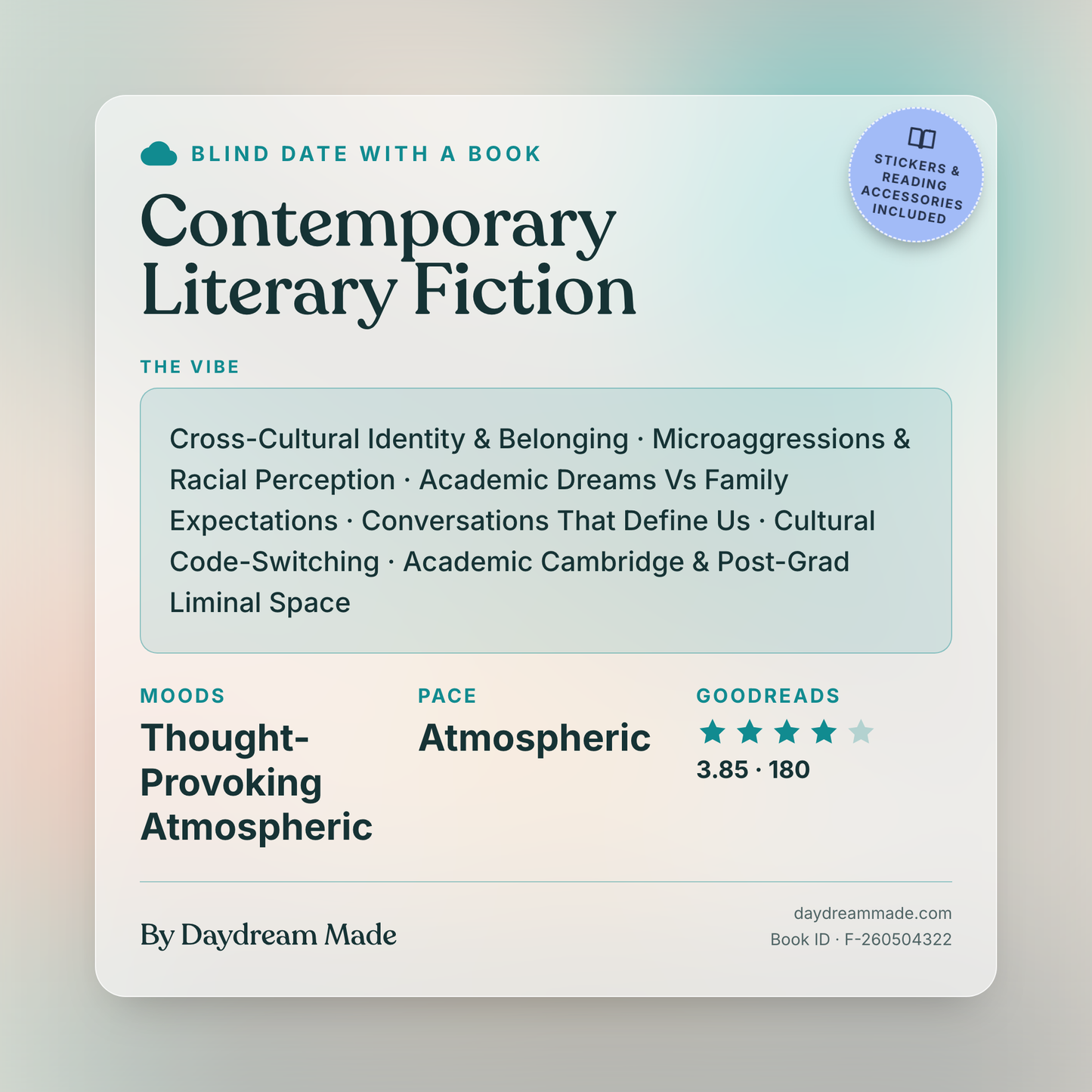 Blind Date With A Book that includes the following themes: Contemporary Literary Fiction, Cross-Cultural Identity & Belonging, Microaggressions & Racial Perception, Academic Dreams Vs Family Expectations, Conversations That Define Us, Cultural Code-Switching, Academic Cambridge & Post-Grad Liminal Space