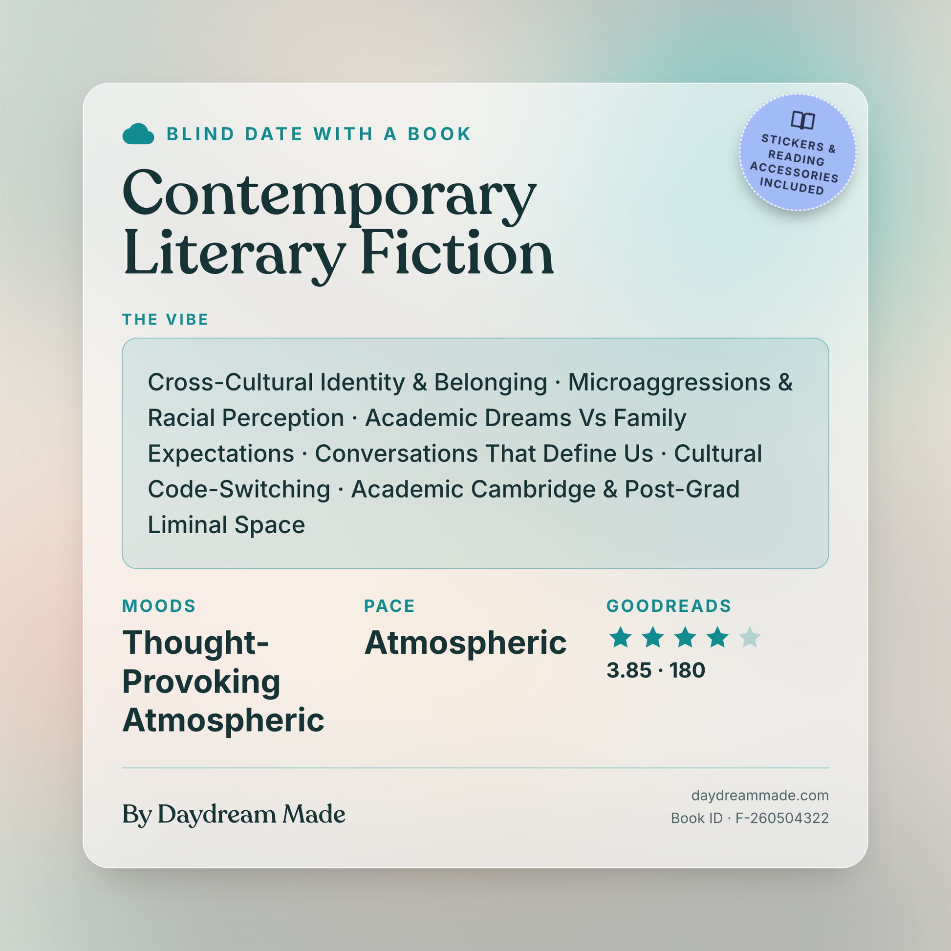 Blind Date With A Book that includes the following themes: Contemporary Literary Fiction, Cross-Cultural Identity & Belonging, Microaggressions & Racial Perception, Academic Dreams Vs Family Expectations, Conversations That Define Us, Cultural Code-Switching, Academic Cambridge & Post-Grad Liminal Space