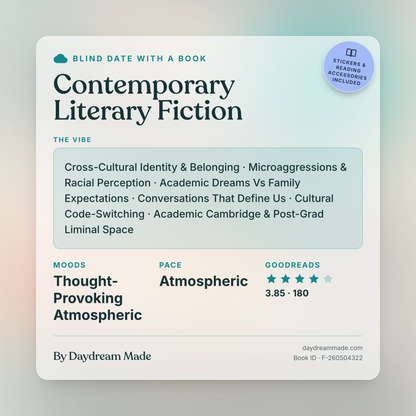 Blind Date With A Book that includes the following themes: Contemporary Literary Fiction, Cross-Cultural Identity & Belonging, Microaggressions & Racial Perception, Academic Dreams Vs Family Expectations, Conversations That Define Us, Cultural Code-Switching, Academic Cambridge & Post-Grad Liminal Space