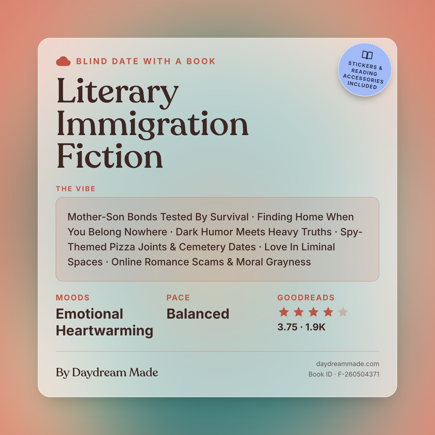 Blind Date With A Book that includes the following themes: Literary Immigration Fiction, Mother-Son Bonds Tested By Survival, Finding Home When You Belong Nowhere, Dark Humor Meets Heavy Truths, Spy-Themed Pizza Joints & Cemetery Dates, Love In Liminal Spaces, Online Romance Scams & Moral Grayness
