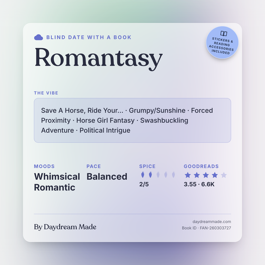 Blind Date With A Book that includes the following themes: Romantasy, Save A Horse, Ride Your..., Grumpy/Sunshine, Forced Proximity, Horse Girl Fantasy, Swashbuckling Adventure, Political Intrigue