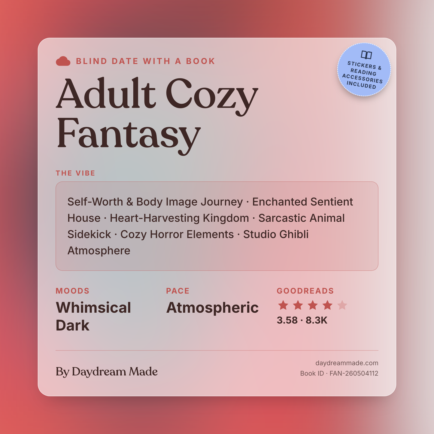 Blind Date With A Book that includes the following themes: Adult Cozy Fantasy, Self-Worth & Body Image Journey, Enchanted Sentient House, Heart-Harvesting Kingdom, Sarcastic Animal Sidekick, Cozy Horror Elements, Studio Ghibli Atmosphere