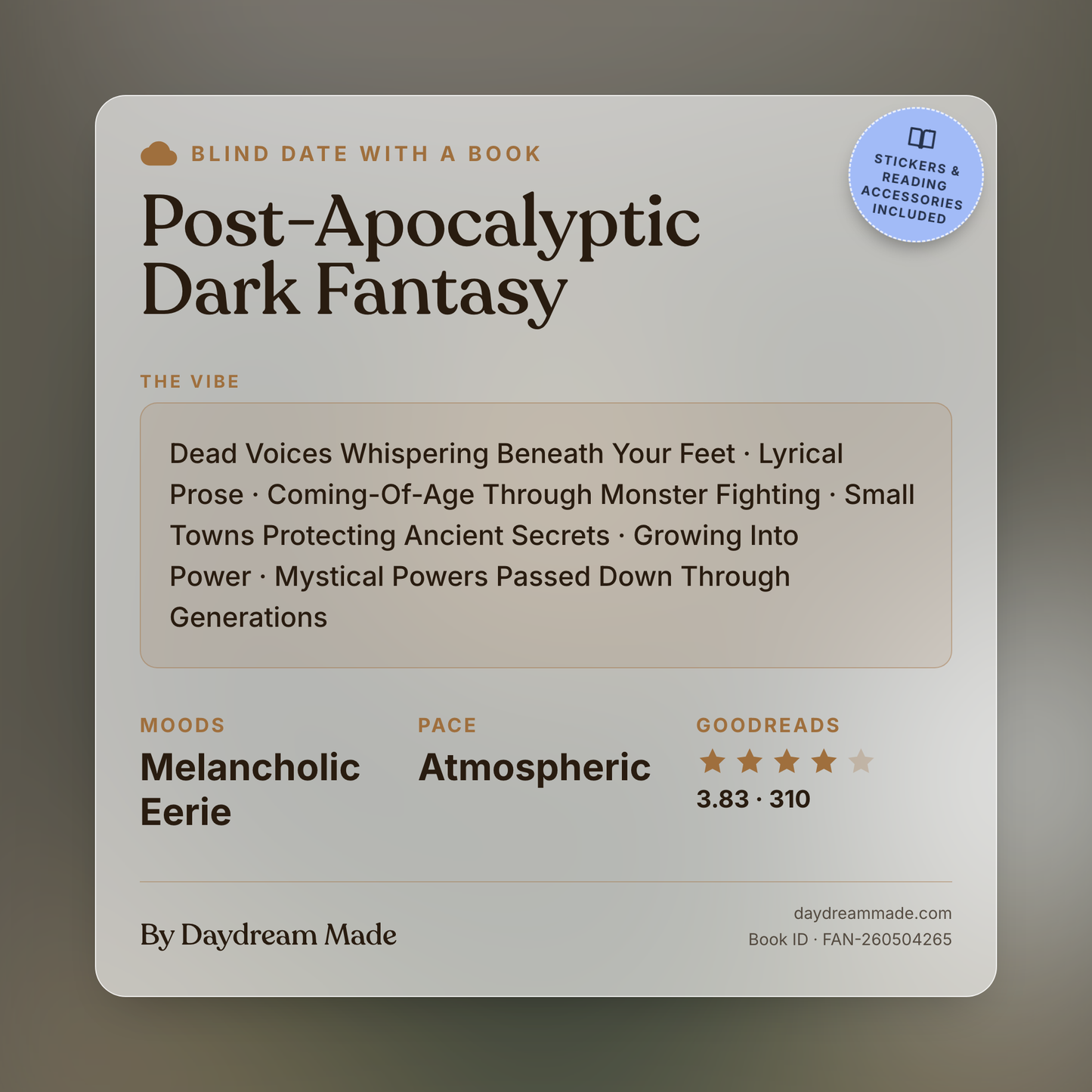 Blind Date With A Book that includes the following themes: Post-Apocalyptic Dark Fantasy, Dead Voices Whispering Beneath Your Feet, Lyrical Prose, Coming-Of-Age Through Monster Fighting, Small Towns Protecting Ancient Secrets, Growing Into Power, Mystical Powers Passed Down Through Generations