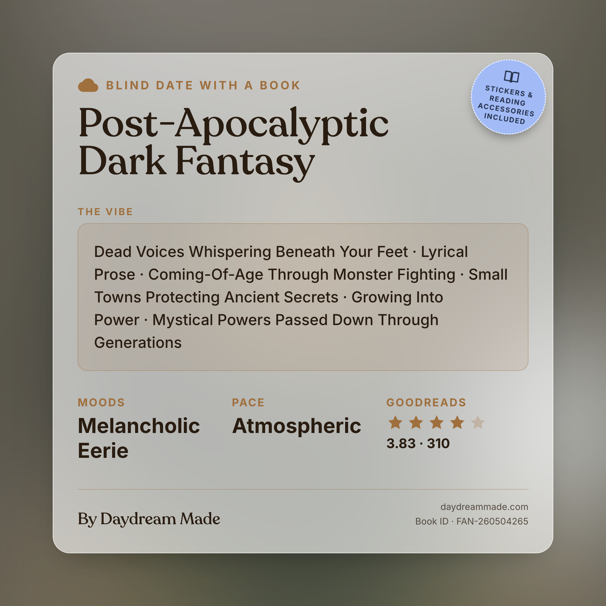 Blind Date With A Book that includes the following themes: Post-Apocalyptic Dark Fantasy, Dead Voices Whispering Beneath Your Feet, Lyrical Prose, Coming-Of-Age Through Monster Fighting, Small Towns Protecting Ancient Secrets, Growing Into Power, Mystical Powers Passed Down Through Generations