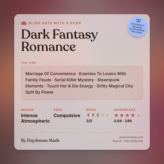 Blind Date With A Book that includes the following themes: Dark Fantasy Romance, Marriage Of Convenience, Enemies To Lovers With Family Feuds, Serial Killer Mystery, Steampunk Elements, Touch Her & Die Energy, Gritty Magical City Split By Power