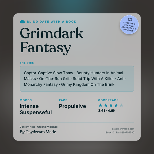 Blind Date With A Book that includes the following themes: Grimdark Fantasy, Captor-Captive Slow Thaw, Bounty Hunters In Animal Masks, On-The-Run Grit, Road Trip With A Killer, Anti-Monarchy Fantasy, Grimy Kingdom On The Brink