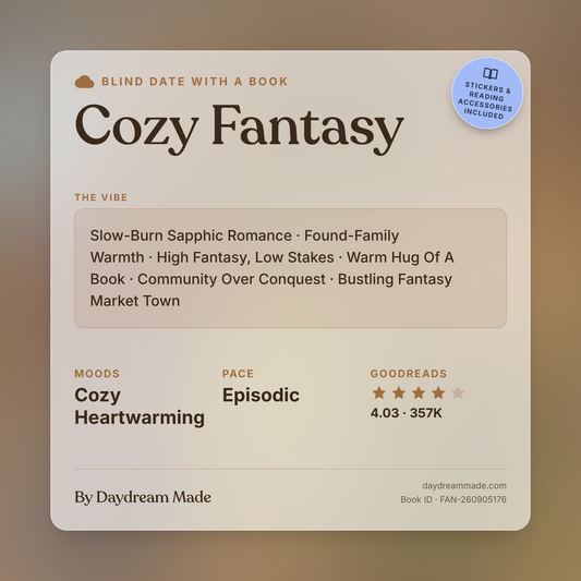 Blind Date With A Book that includes the following themes: Cozy Fantasy, Slow-Burn Sapphic Romance, Found-Family Warmth, High Fantasy, Low Stakes, Warm Hug Of A Book, Community Over Conquest, Bustling Fantasy Market Town